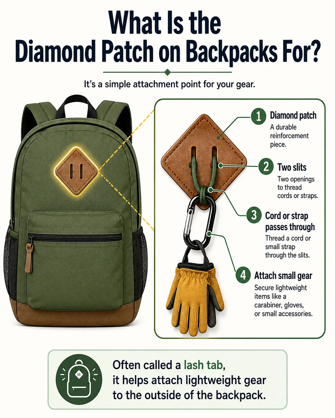 Diagram explaining how the diamond patch on backpacks works