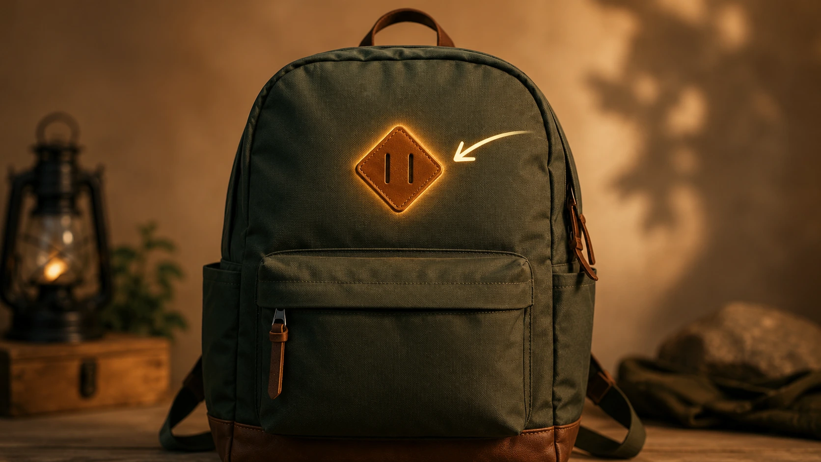 A backpack with the diamond-shaped patch highlighted