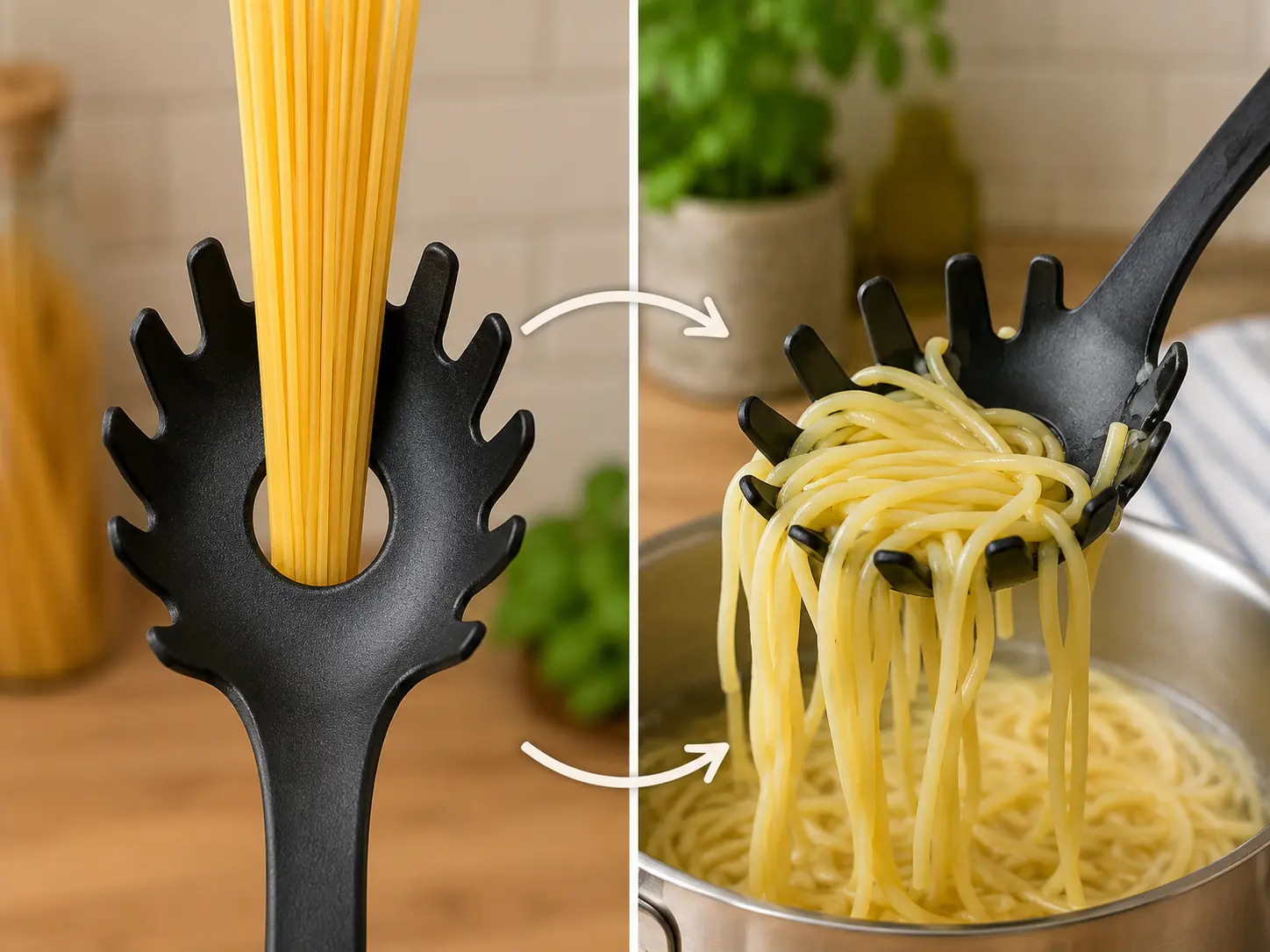 Diagram of a spaghetti spoon with two callout zones showing the drainage function and the portion measurement function