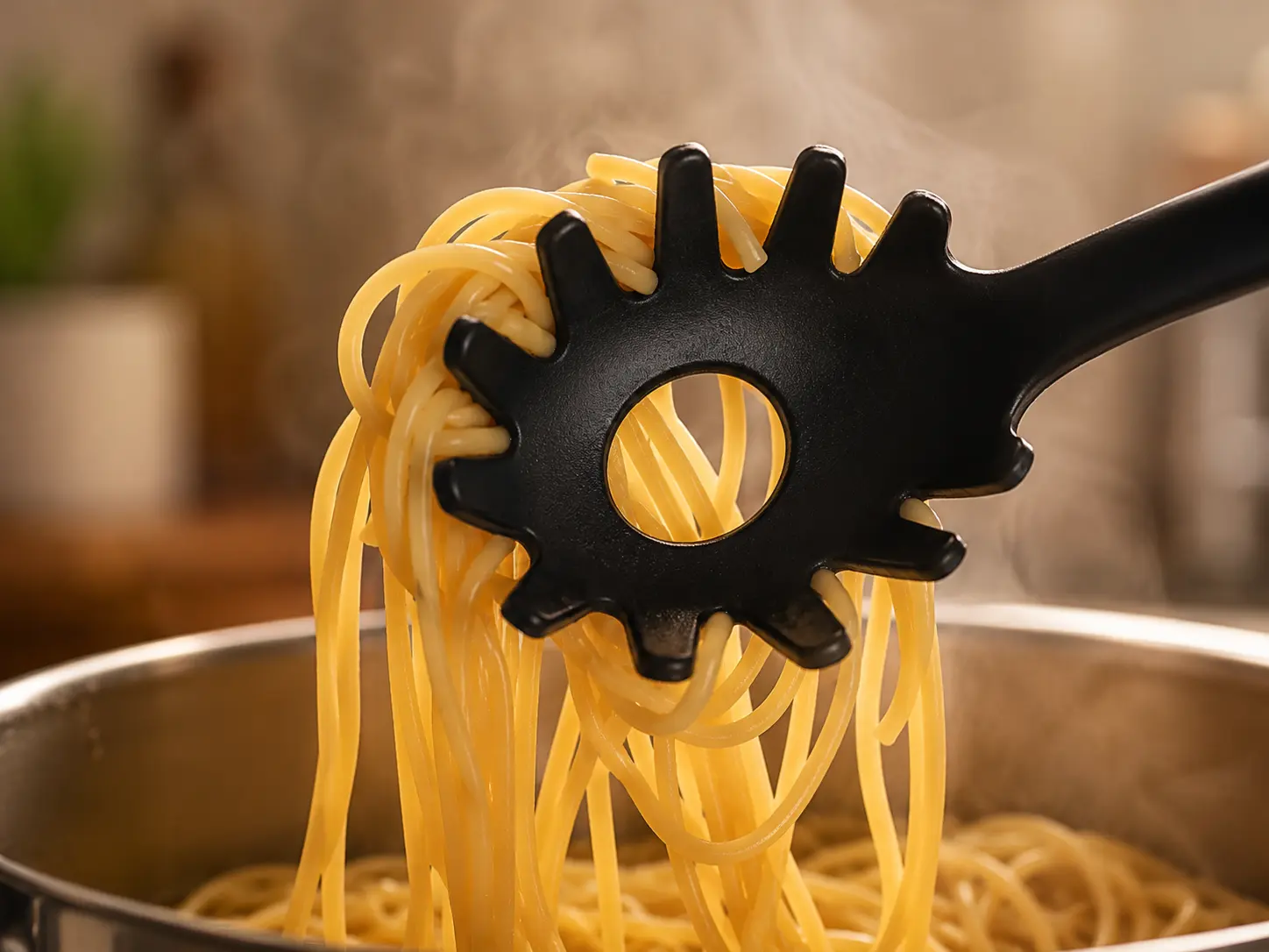 A pasta spoon with a single center hole, shown next to a handful of dry spaghetti