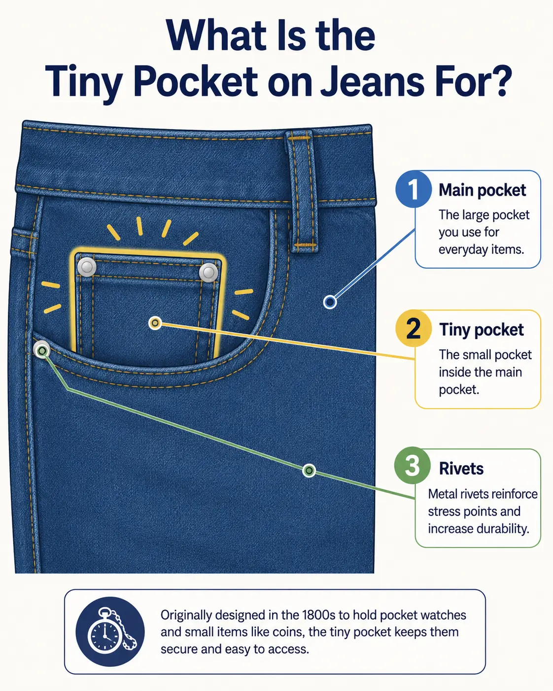 Diagram showing the main jeans pocket, tiny watch pocket, and rivets