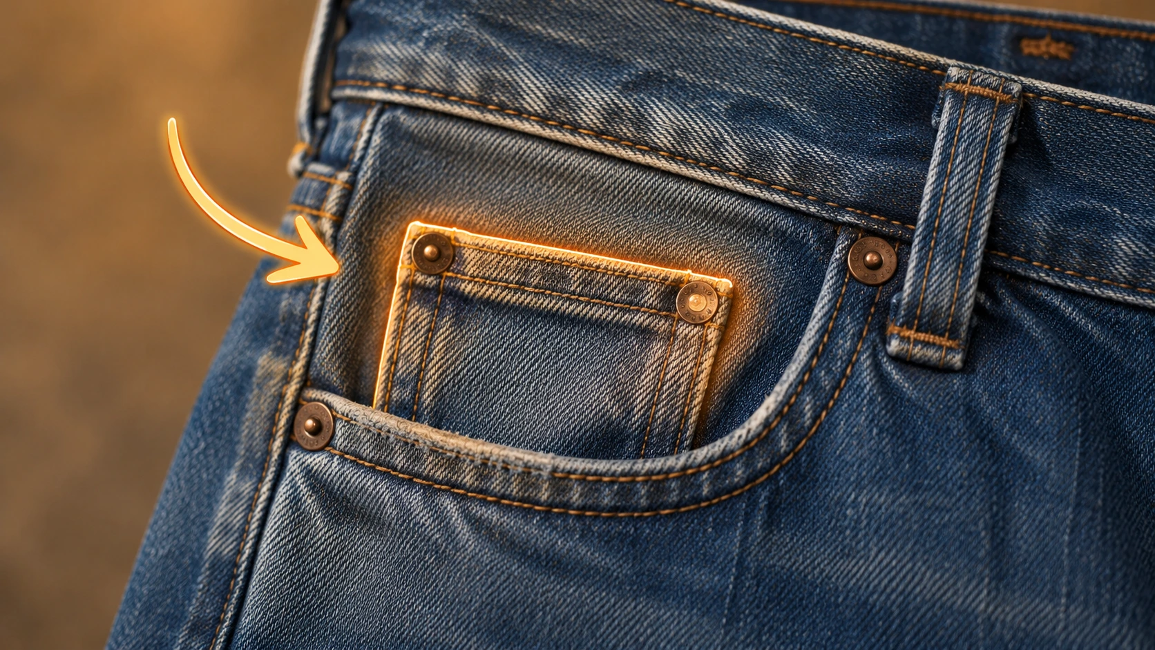 Close-up of blue jeans showing the tiny watch pocket inside the front pocket