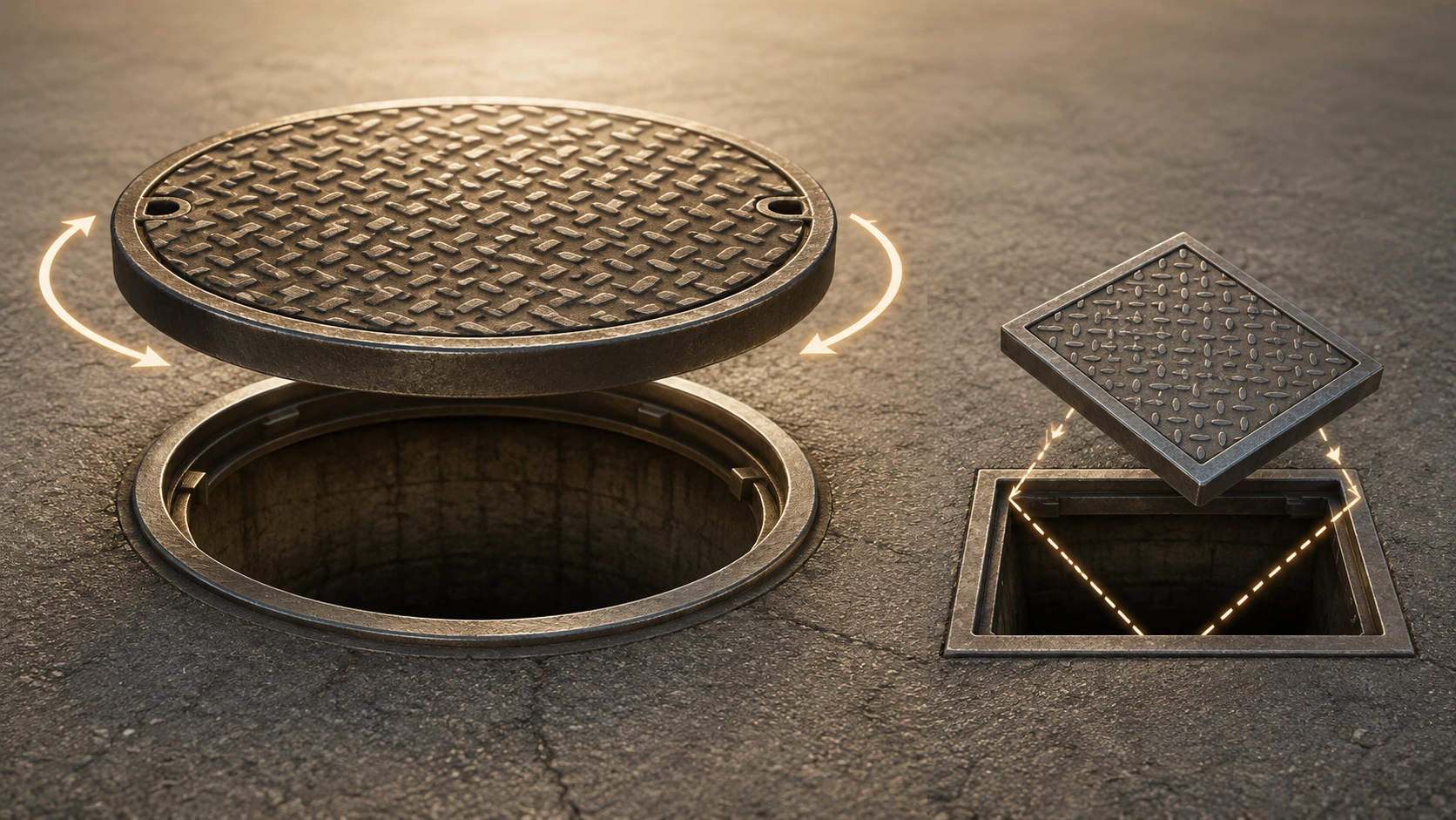Diagram showing a round manhole cover, the shaft below, and labels for each reason it's round