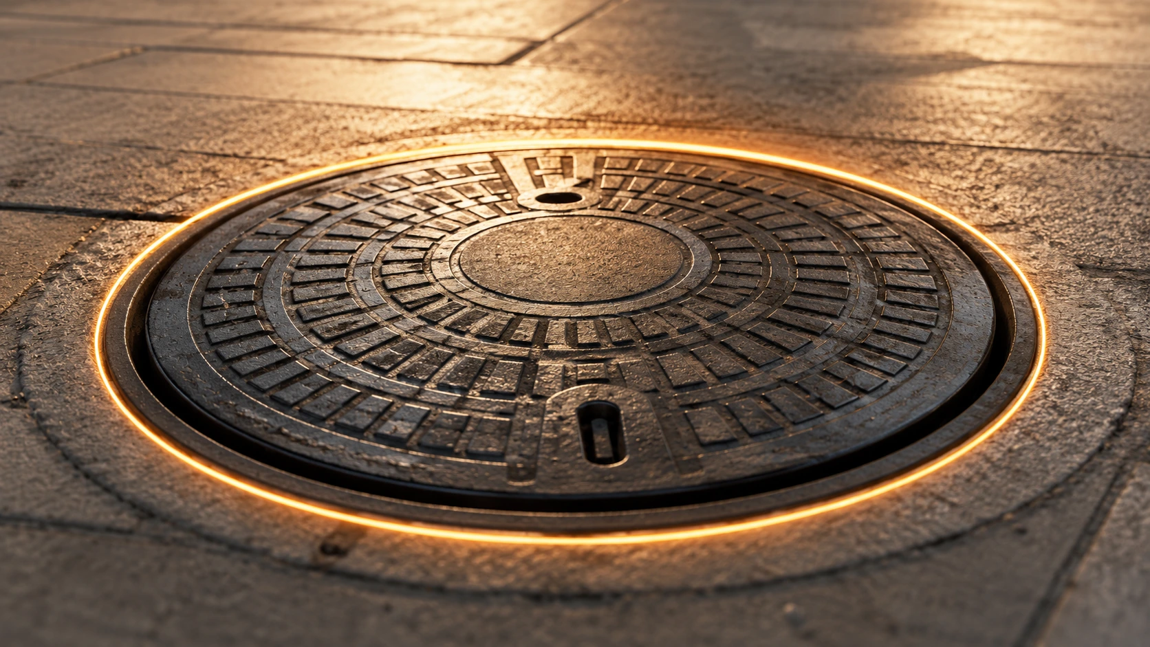 Close-up of a round cast-iron manhole cover on a city street