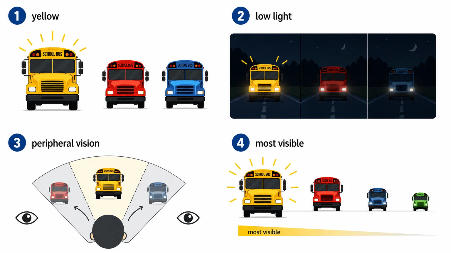 Diagram showing school bus yellow on colour visibility spectrum with peripheral detection comparison