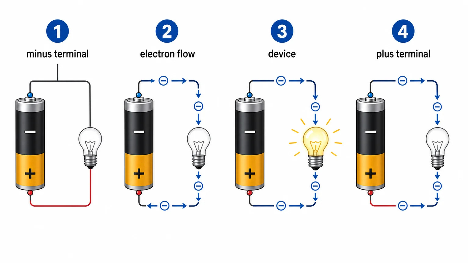 Diagram of a battery in a circuit showing current flow direction through a device