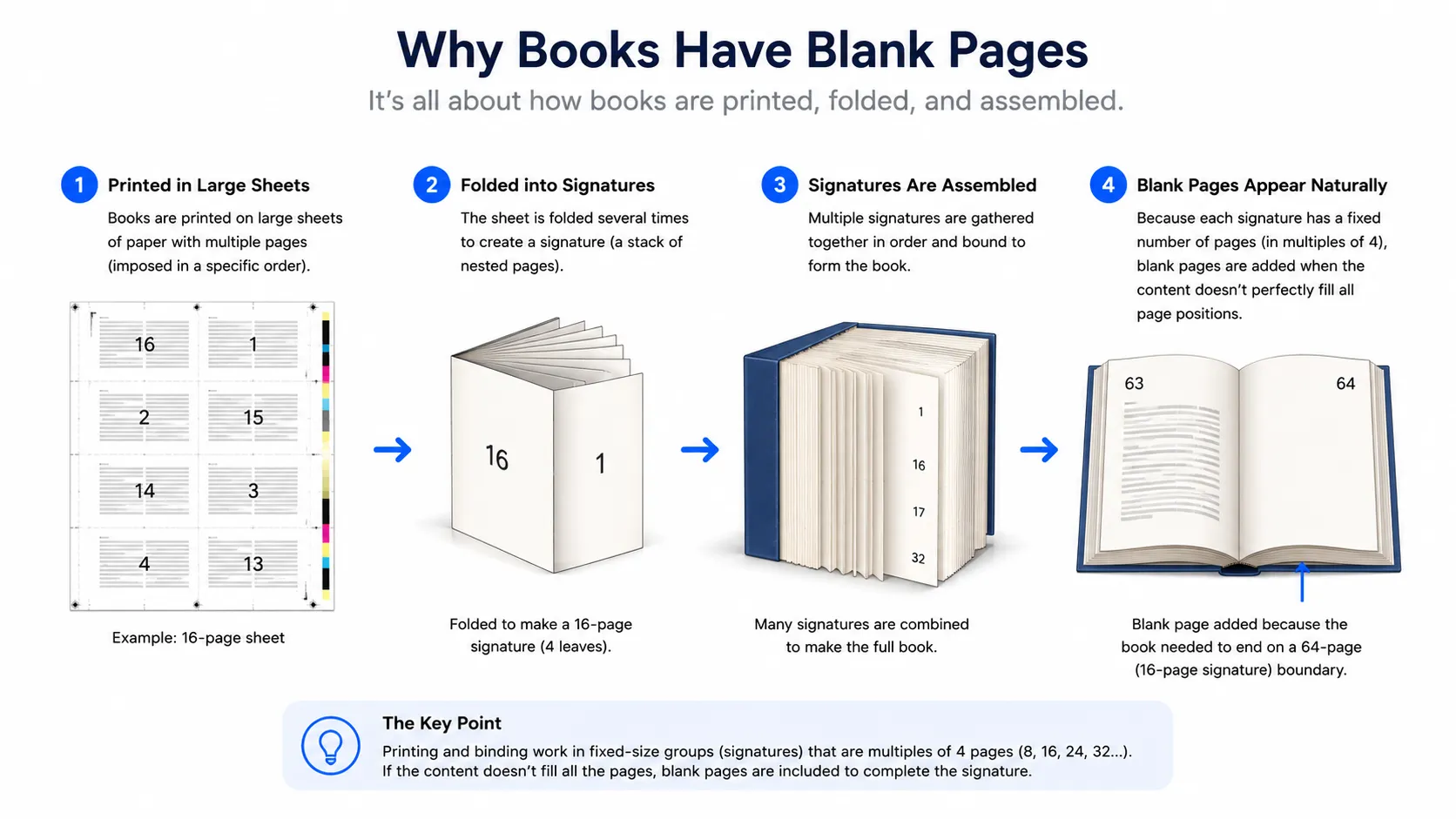 Diagram showing a printed sheet folded into a signature with leftover blank pages