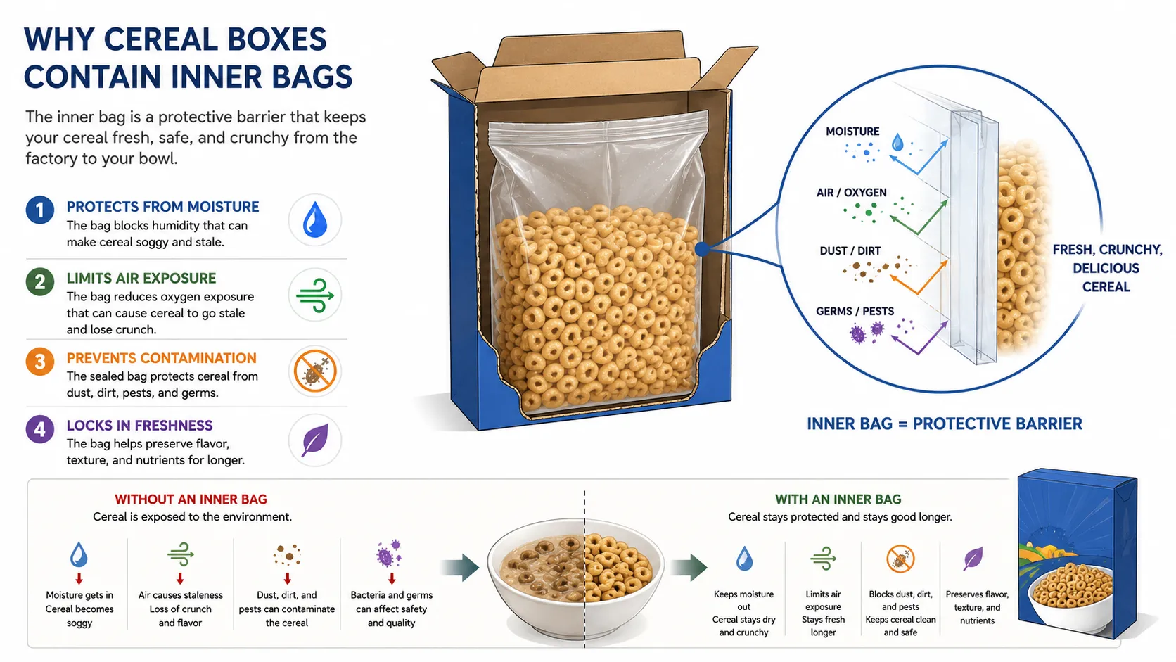 Diagram showing the function of inner bag and outer box in cereal packaging