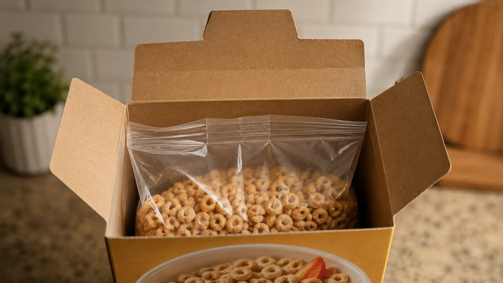 Open cereal box showing the inner plastic bag of cereal