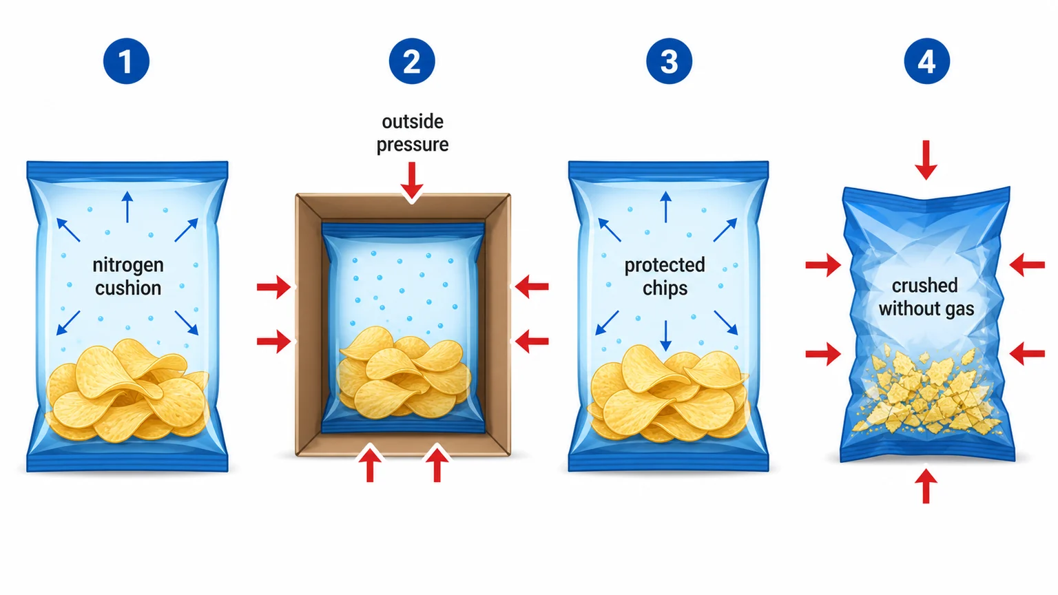 Diagram showing nitrogen atmosphere inside chip bag protecting against oxidation and crushing