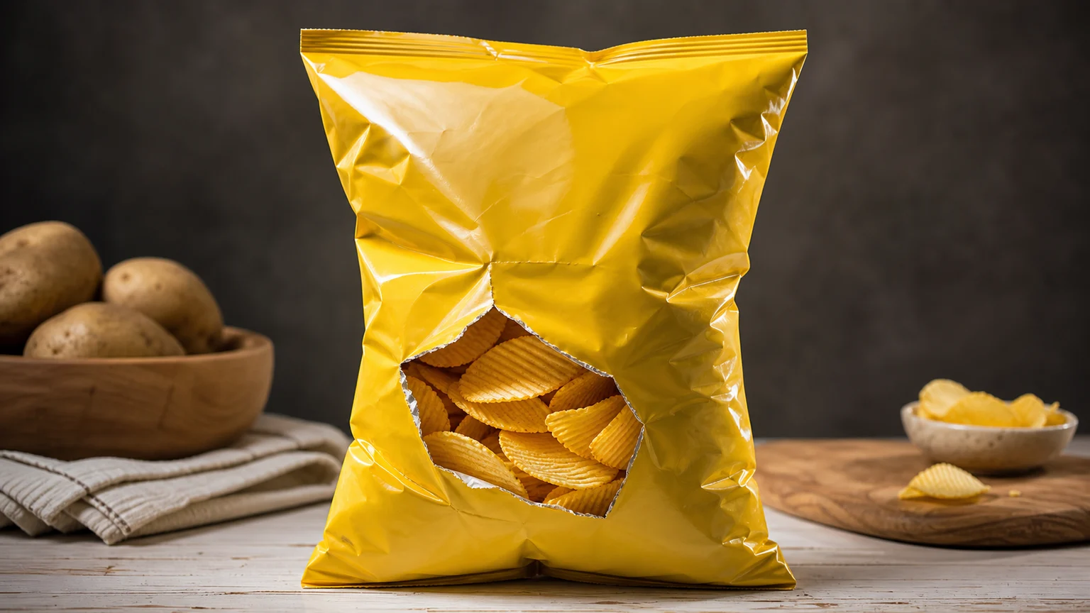 Inflated chip bag showing the puffed nitrogen-filled packaging