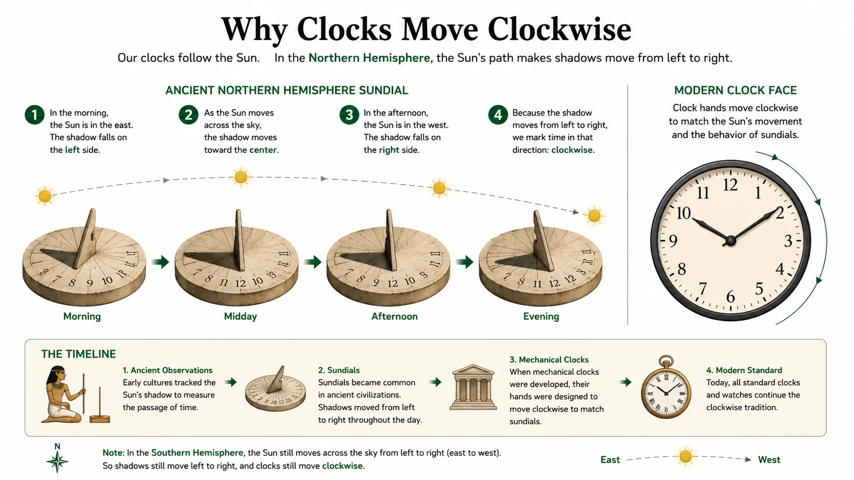 Diagram comparing shadow movement on a sundial to clock hand movement
