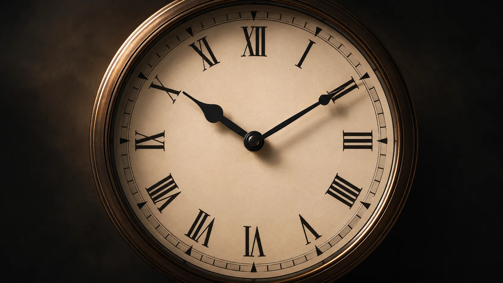 Vintage clock face with hands moving clockwise
