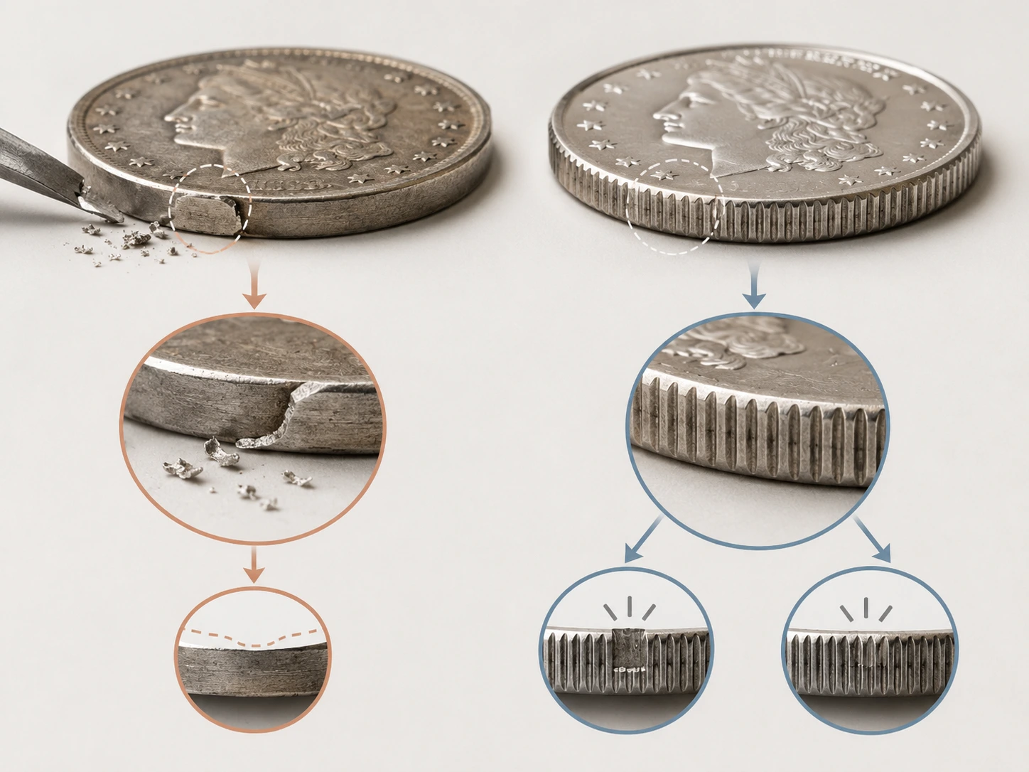 Diagram showing a coin edge with ridges and four labeled callout zones