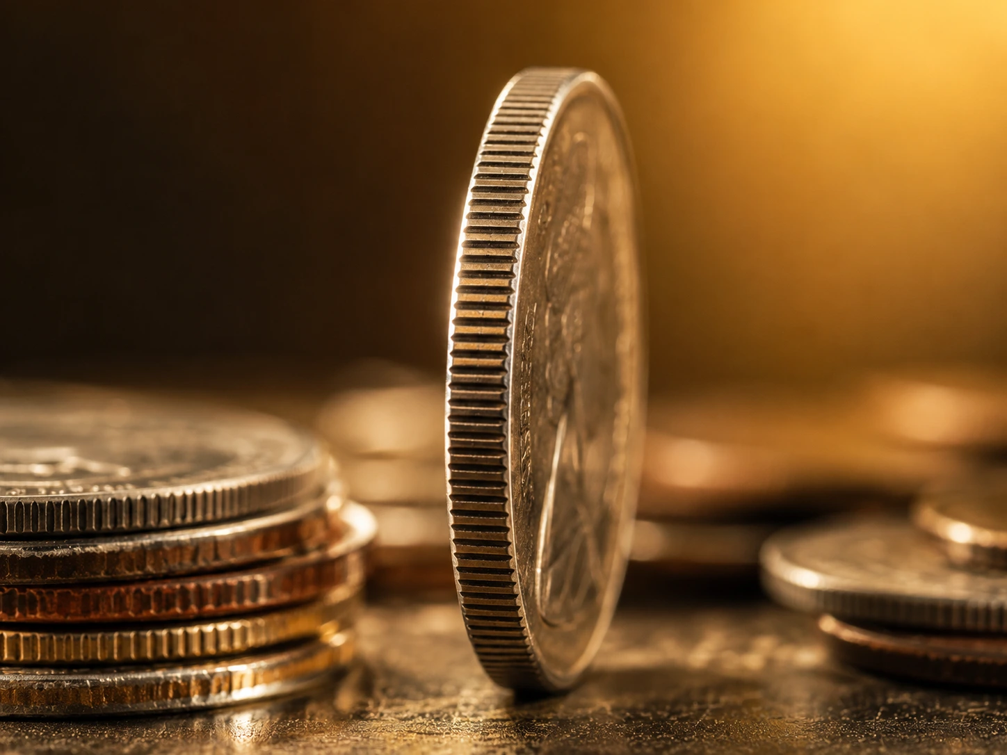 Close-up macro shot of the ridged edge of a silver coin