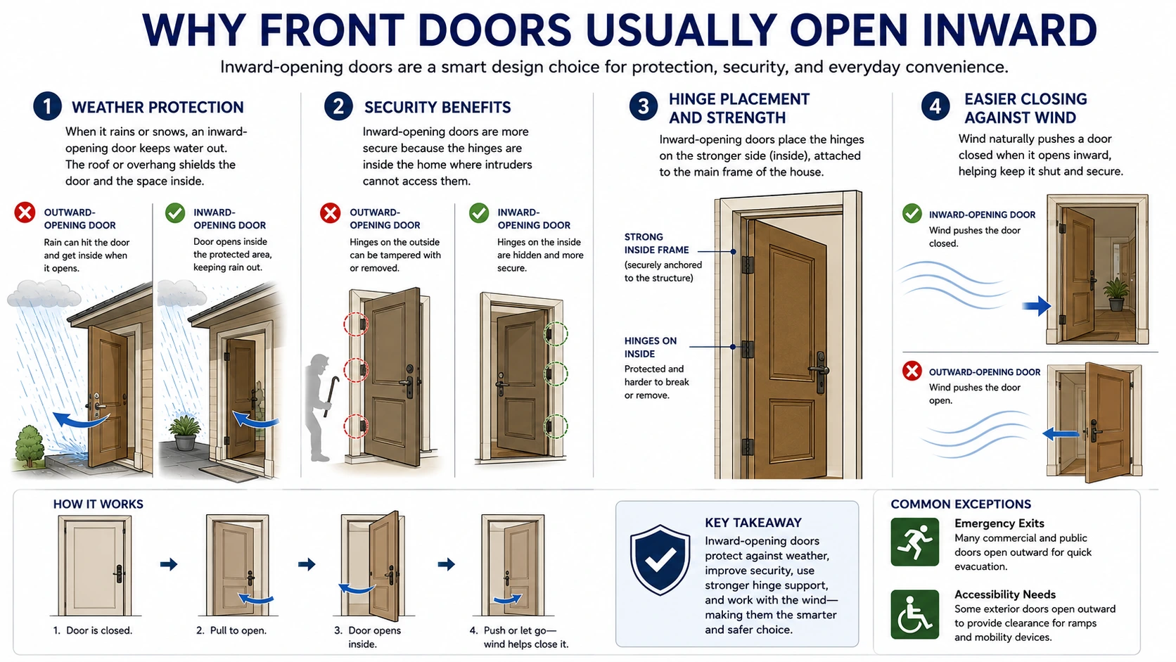 Diagram comparing inward and outward door swing with labeled advantages