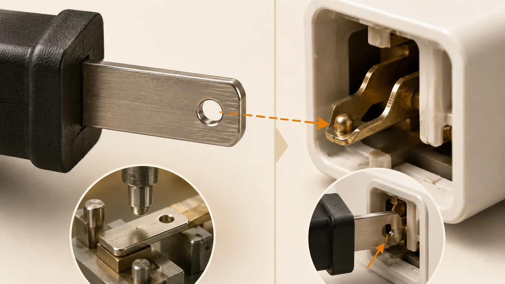 Diagram of a plug prong showing the hole location and its uses: original bump-lock, manufacturing pin, and safety lockout tag