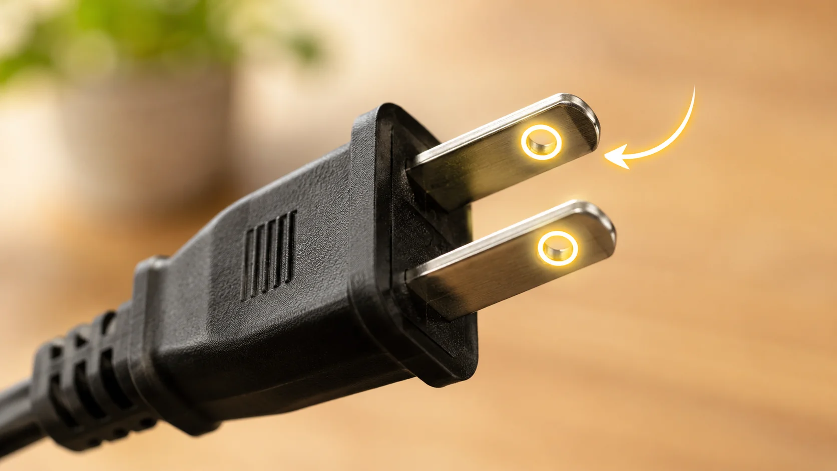 Close-up of two flat plug prongs with small holes near the tips