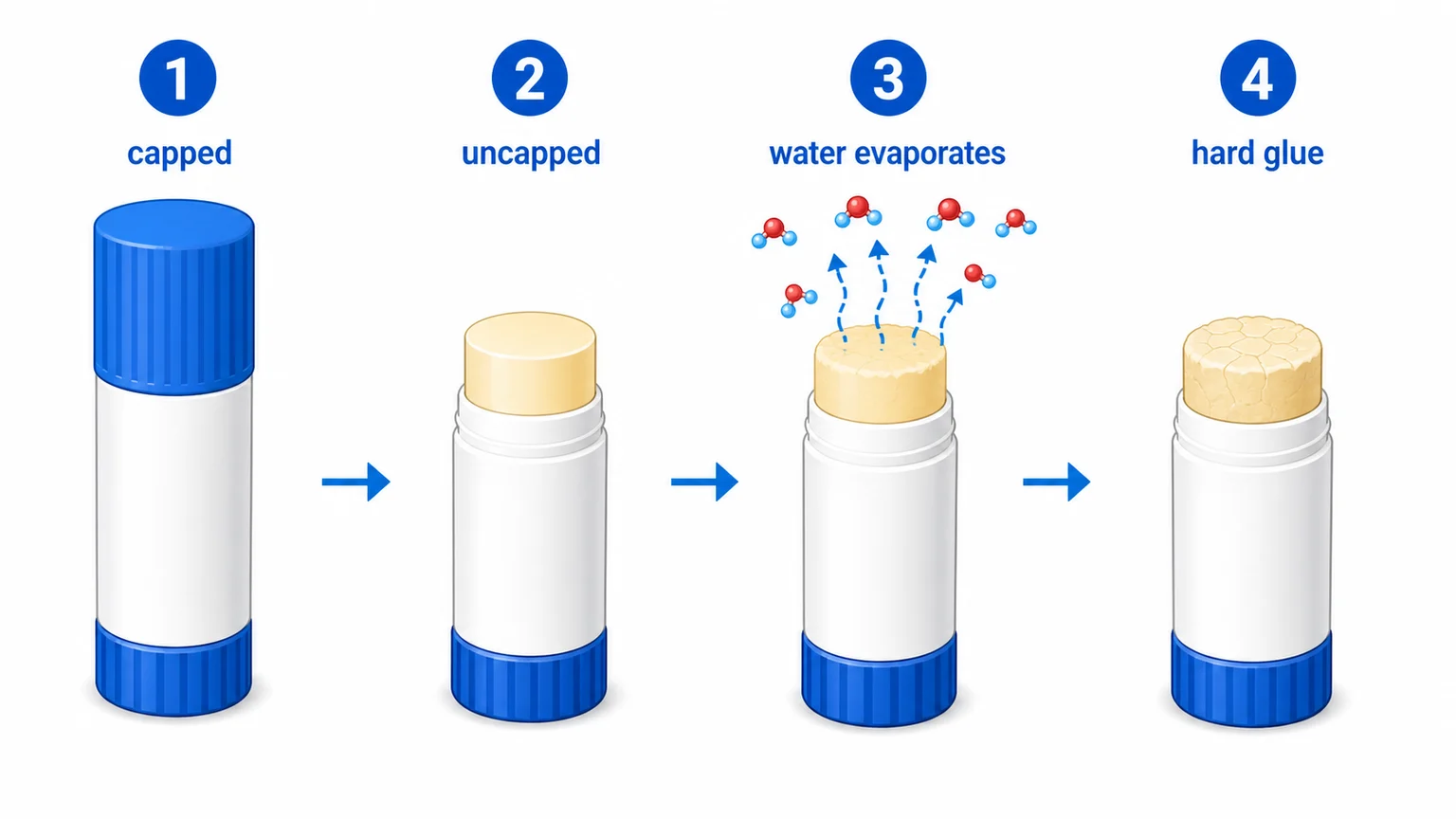 Diagram showing moisture evaporation from a glue stick polymer over time