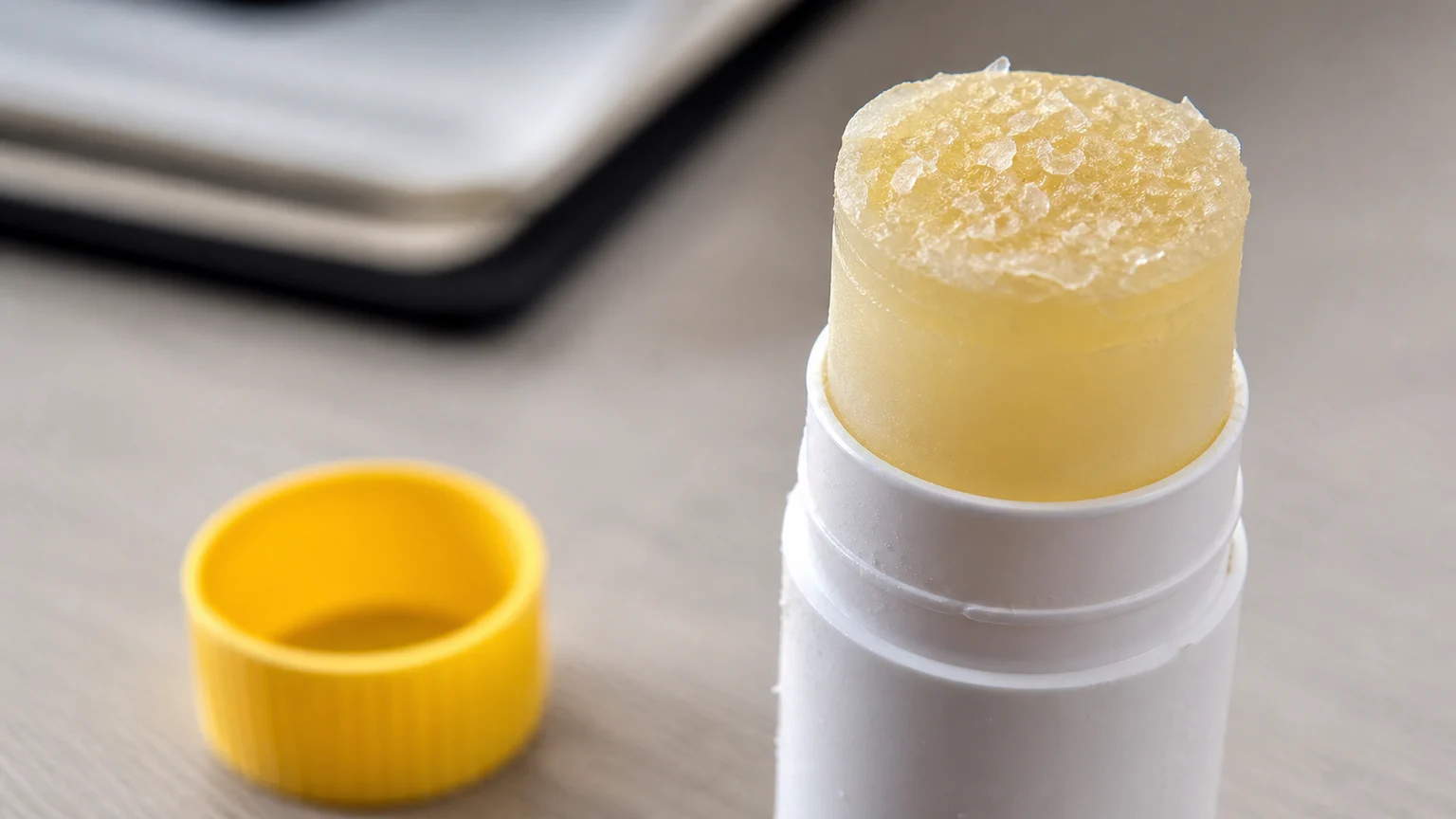 Glue stick with cap removed showing dried and cracked adhesive surface