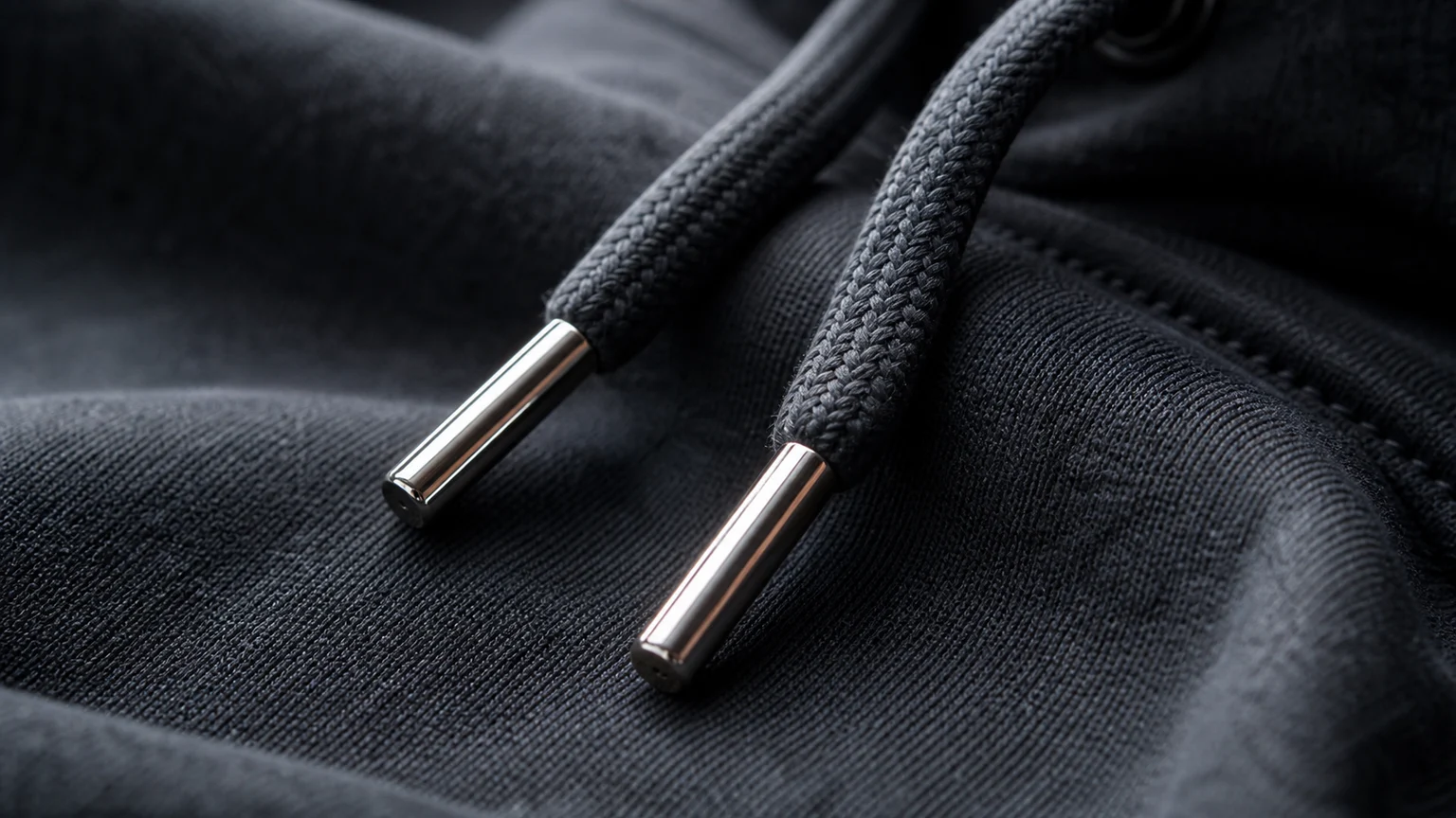 Close-up of hoodie drawstring with metal aglet tip