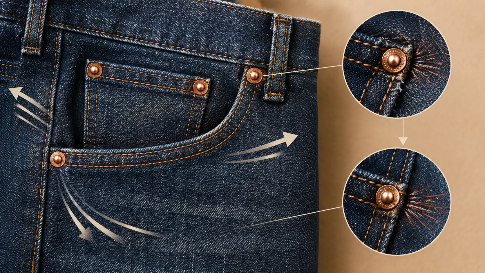 Diagram of a pair of jeans highlighting rivet positions at pocket corners and the coin pocket