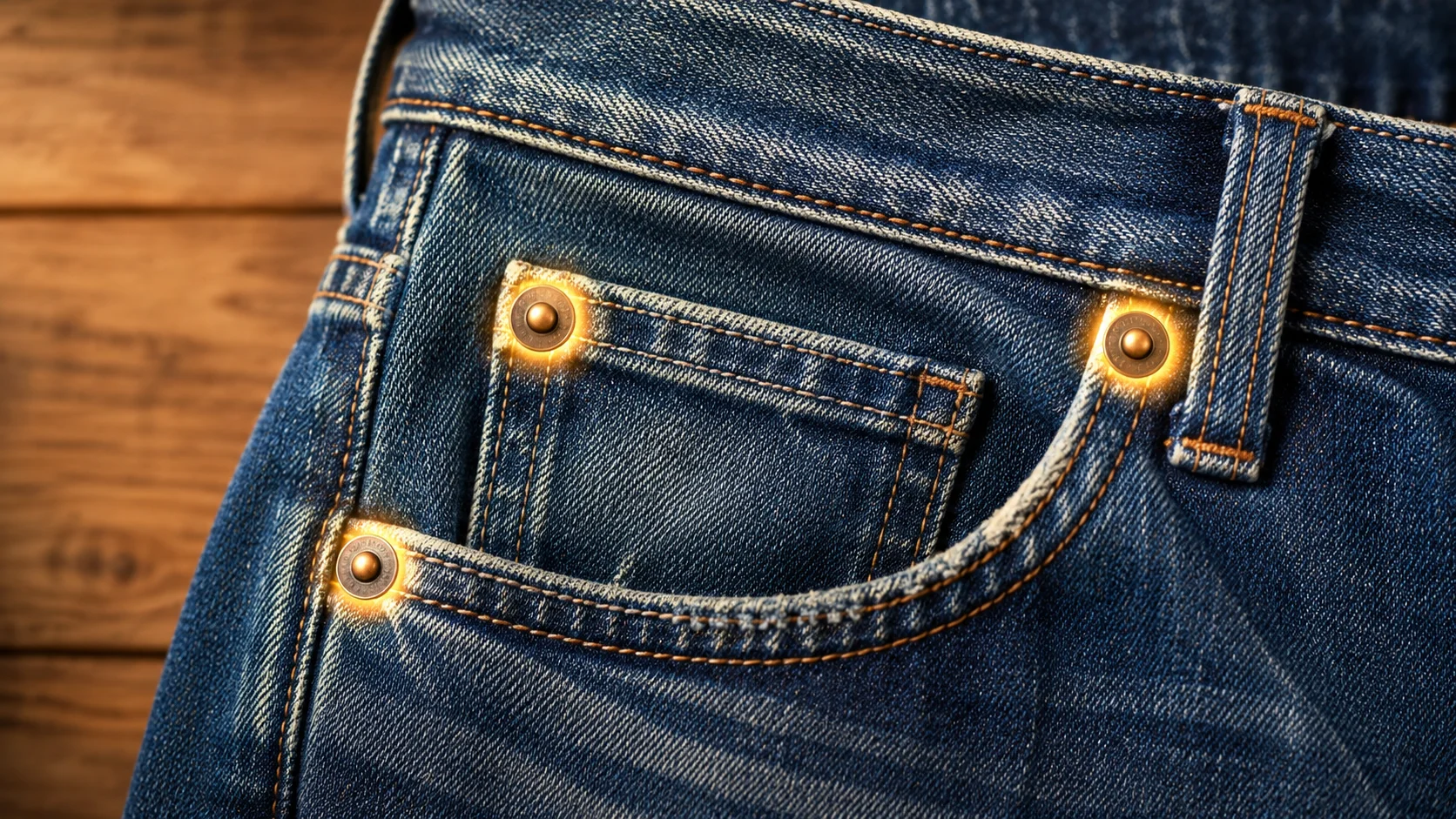 Close-up of copper rivets on the pocket corners of a pair of blue jeans