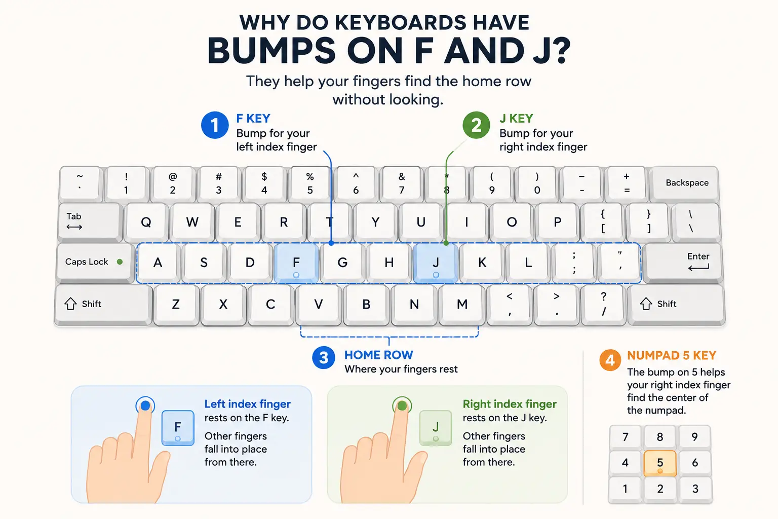 Diagram showing the F key, J key, and home row position on a keyboard