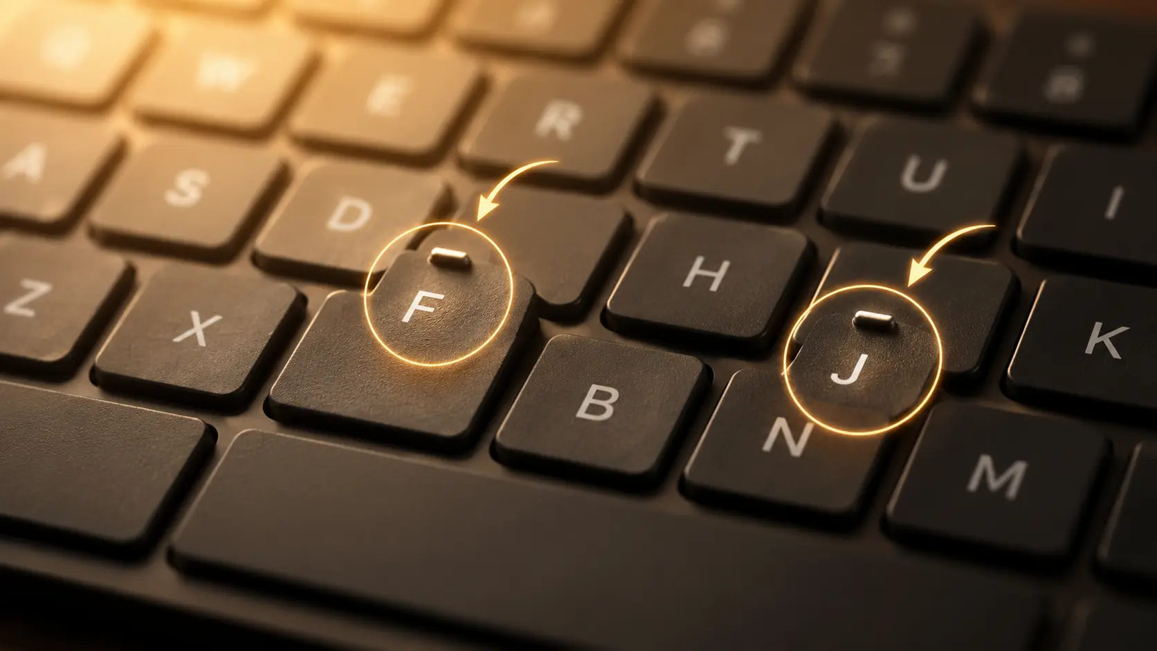 Close-up of a keyboard with the F and J key bumps clearly highlighted