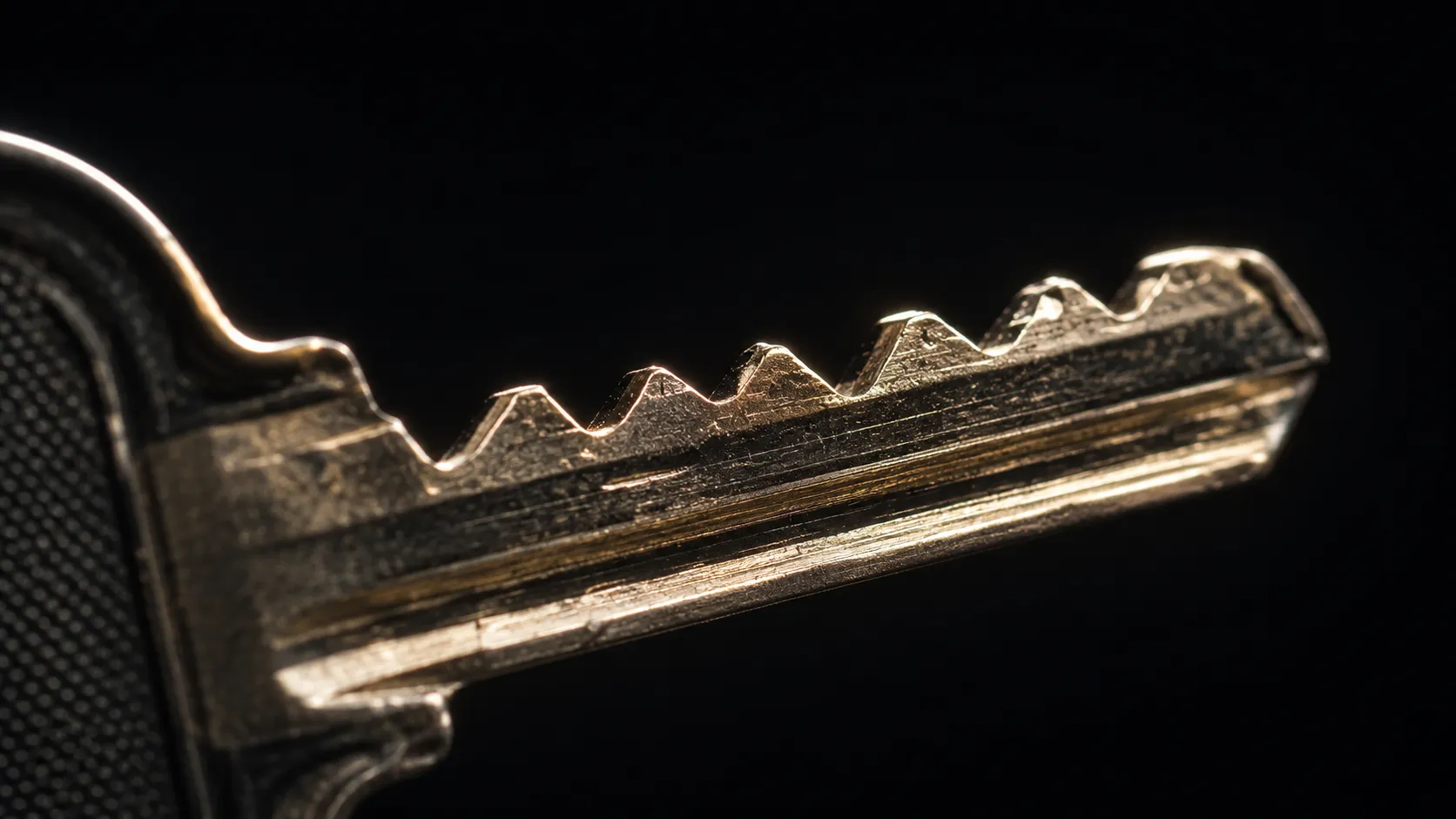 Close-up of a house key showing its jagged cut profile