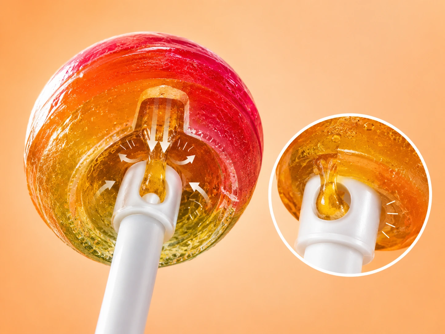 Diagram of a lollipop stick and candy head showing how candy flows through the hole and hardens