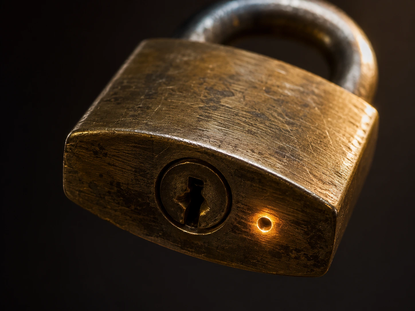 Close-up of a padlock body showing the tiny hole at the bottom