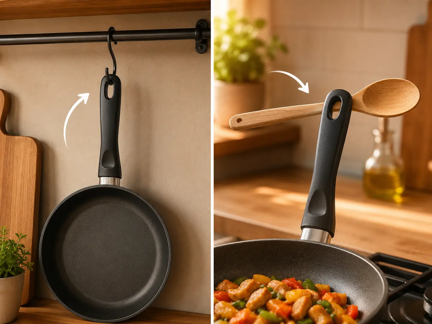 Diagram of a pan handle with two callout zones showing the hanging hole and the spoon-through-hole position