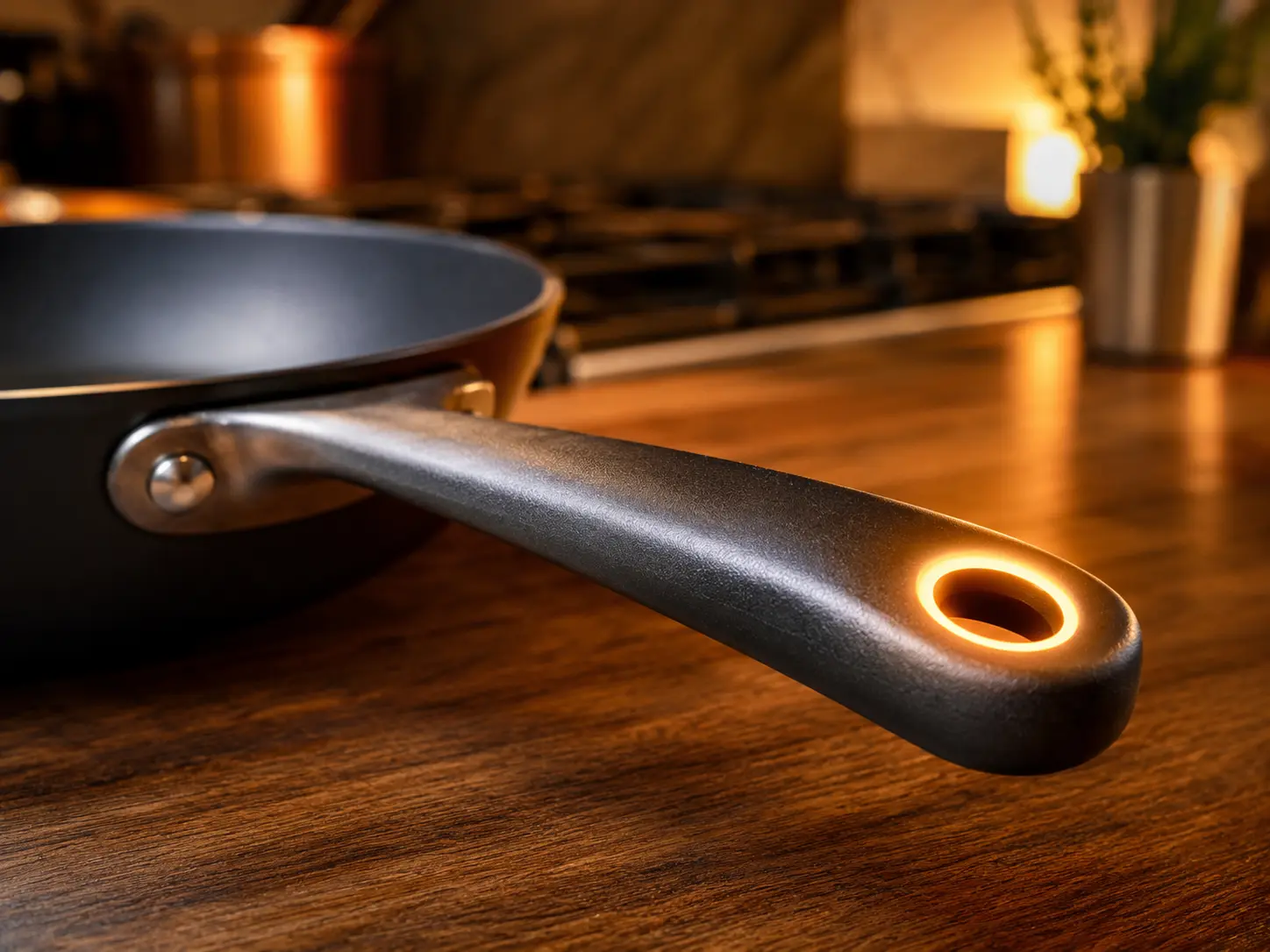 A saucepan on a stove with a wooden spoon resting through the hole in the pan handle