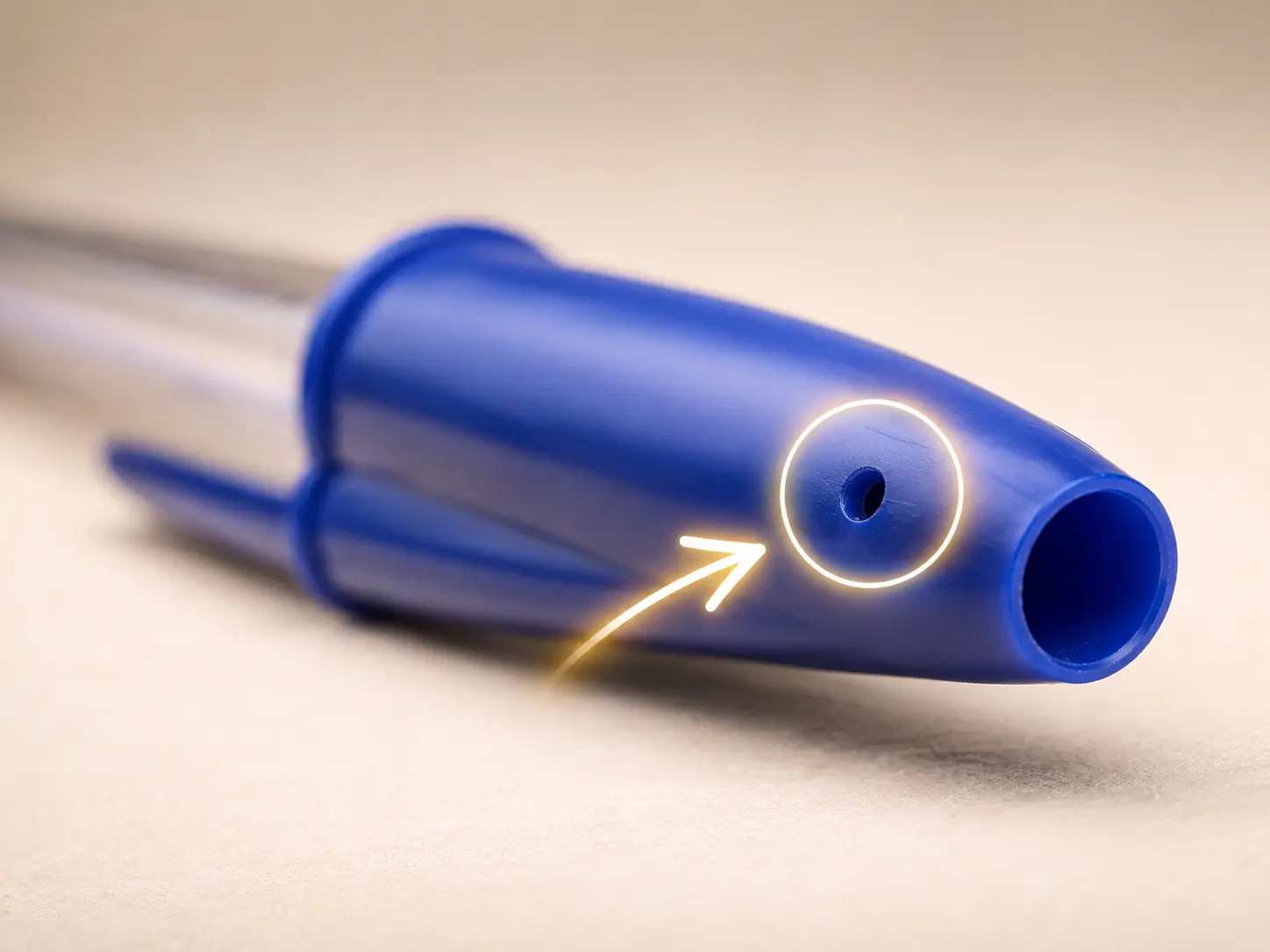 Close-up of a blue pen cap with the tiny hole clearly highlighted
