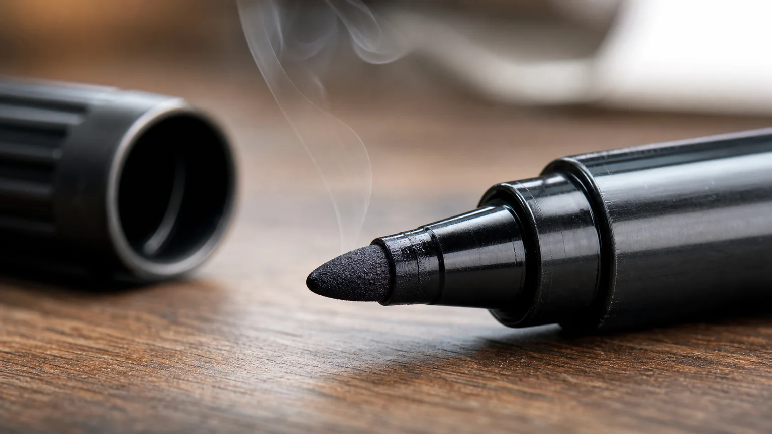 Permanent marker with cap off lying on a surface