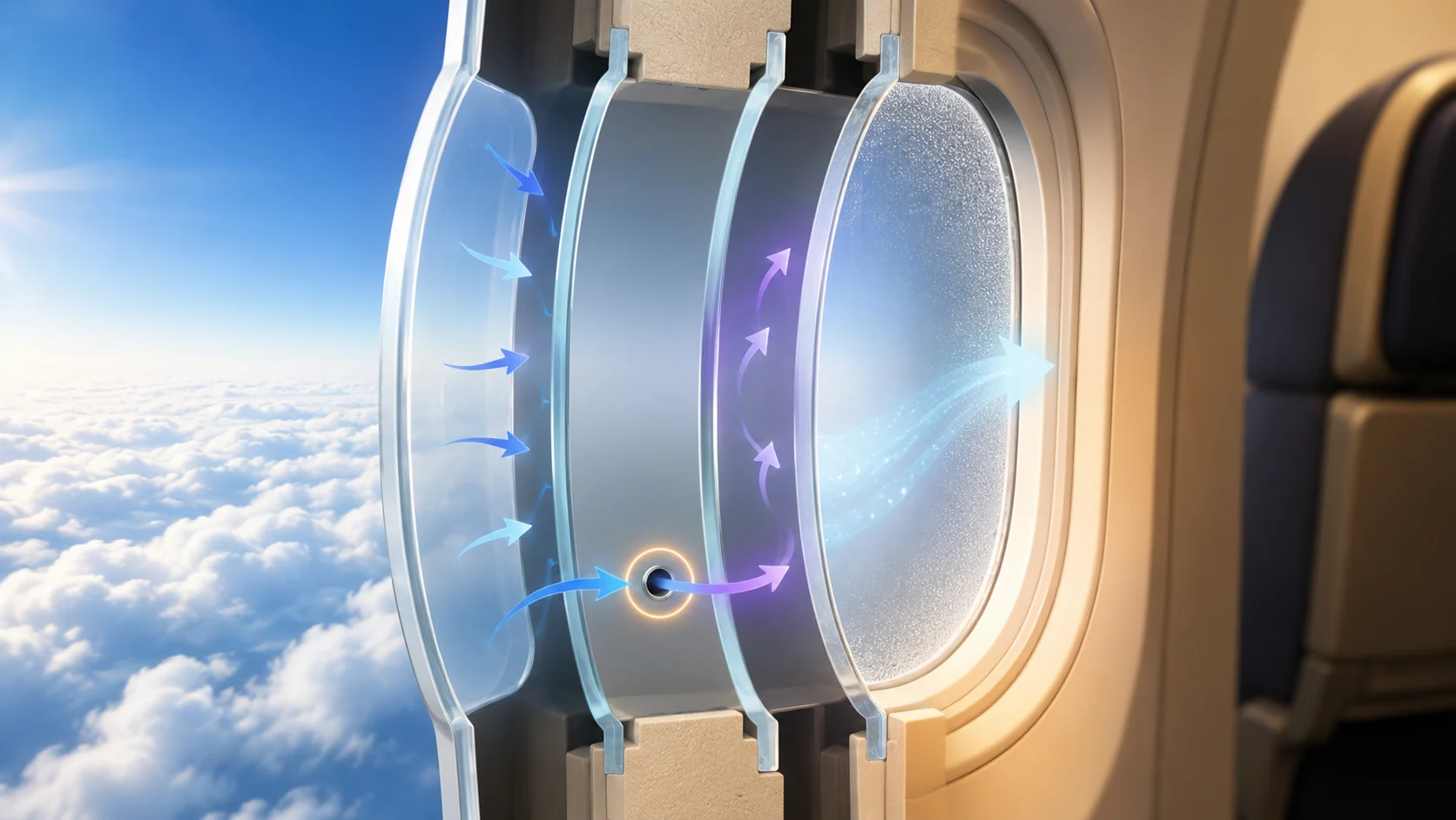 Cross-section diagram of a three-pane airplane window showing the bleed hole in the middle layer