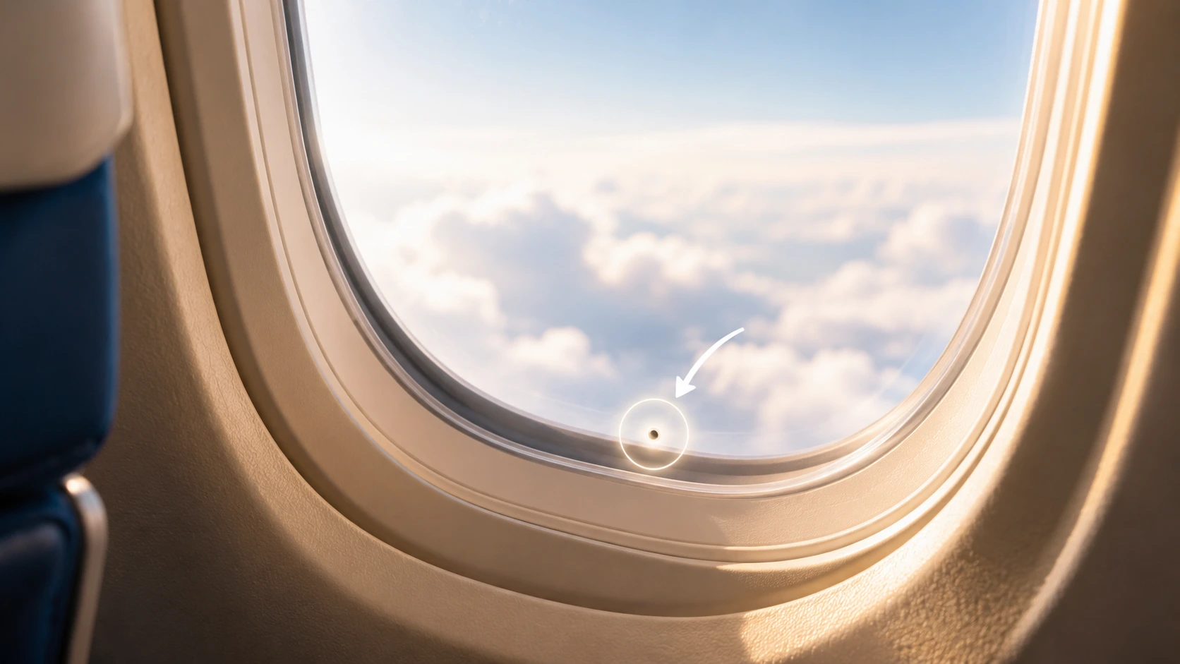 View from a plane window seat showing the tiny bleed hole at the bottom of the inner pane