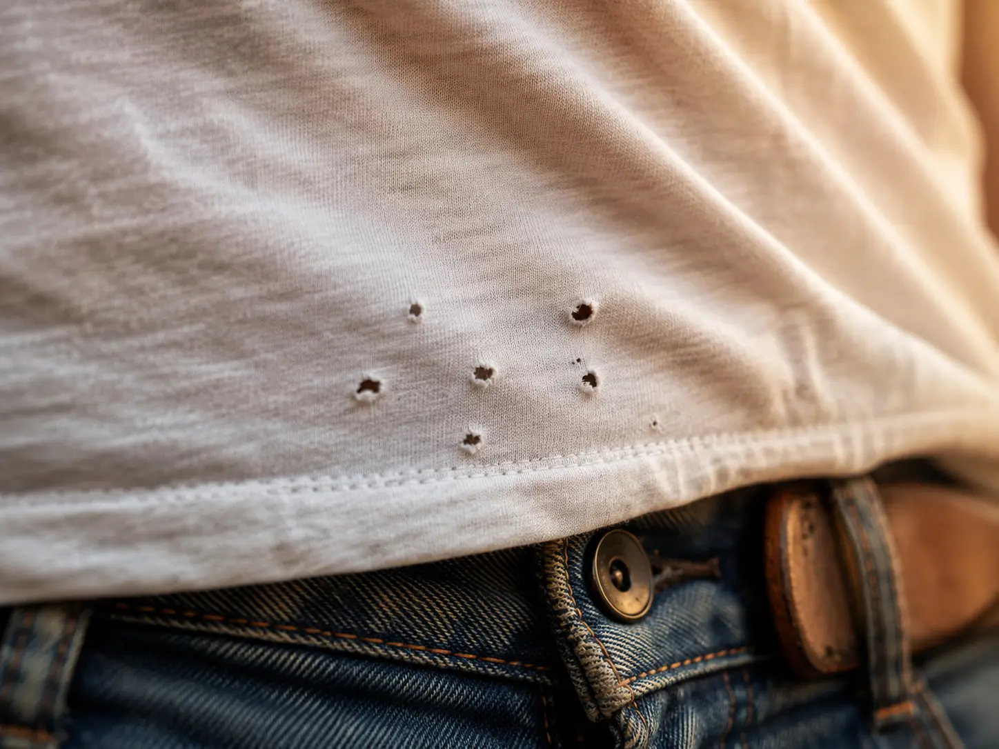 Close-up of tiny pinholes in the lower front of a T-shirt near the waist area