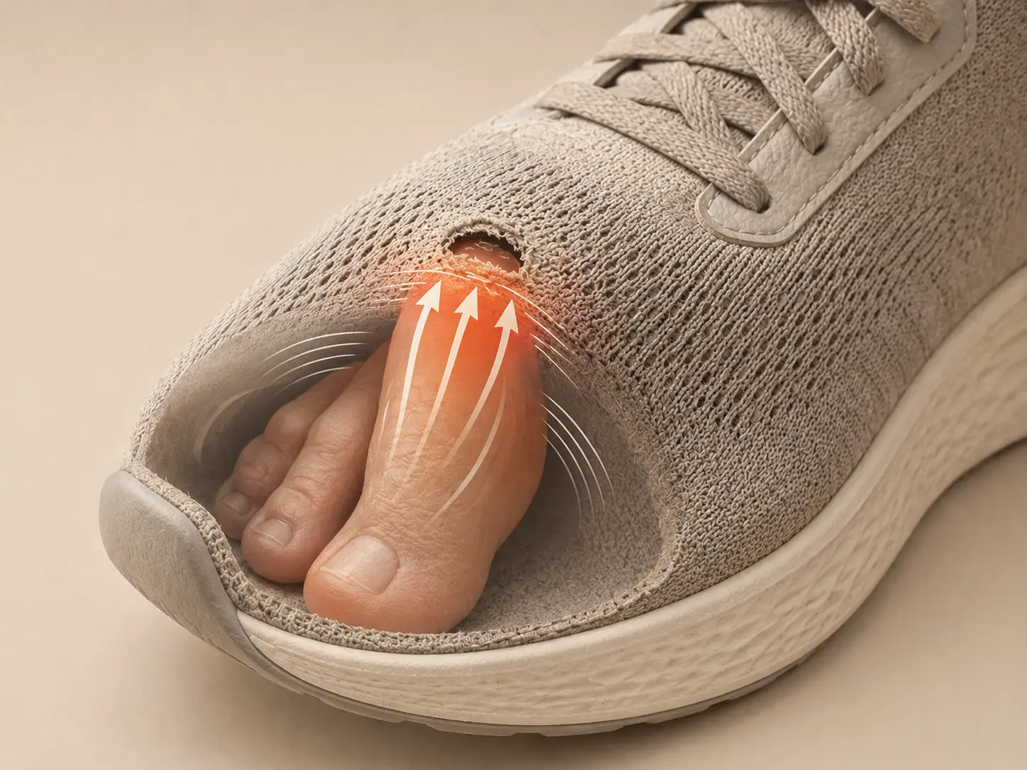 Diagram of a shoe cross-section showing the big toe lifting and the friction point against the mesh upper
