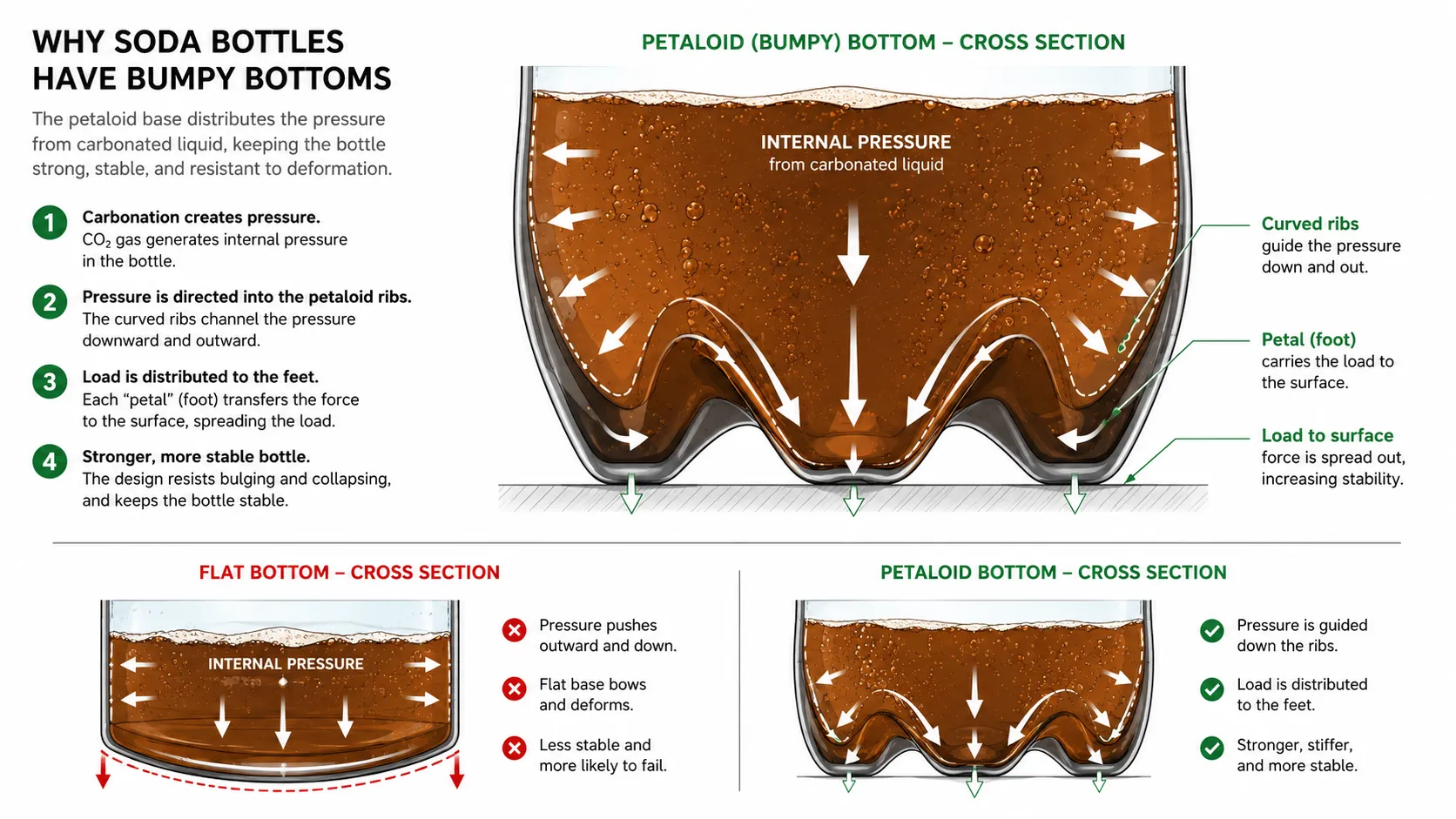 Diagram of a soda bottle petaloid base showing pressure distribution and contact points