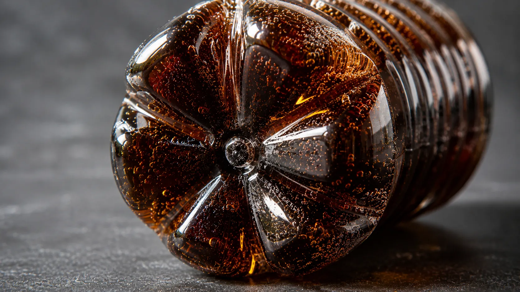 Underside of a plastic soda bottle showing petal-shaped base bumps