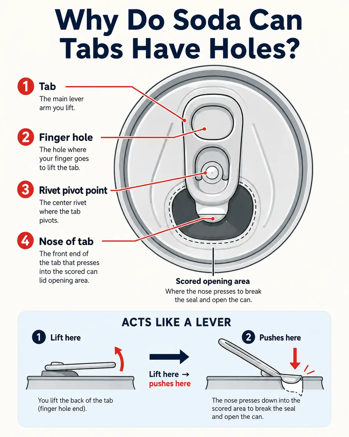 Diagram showing the soda can tab finger hole, rivet, and nose of the tab