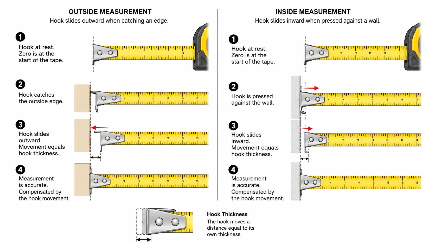 Diagram showing tape measure hook movement for inside and outside measurements