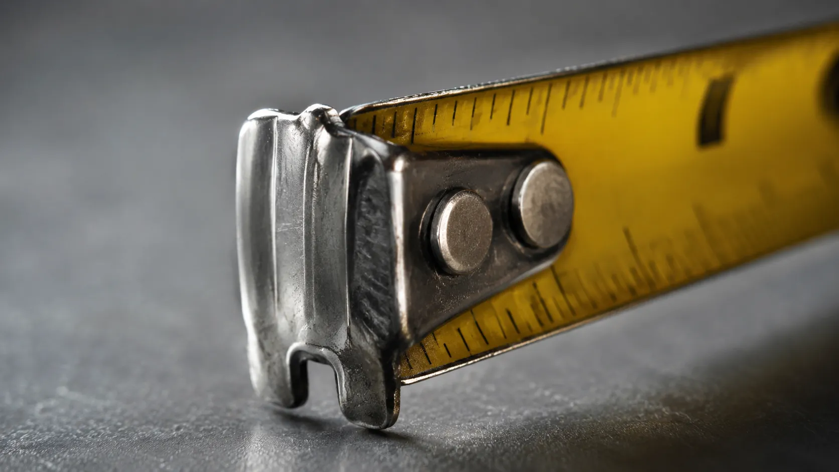 Close-up of a tape measure metal hook slightly loose at the end
