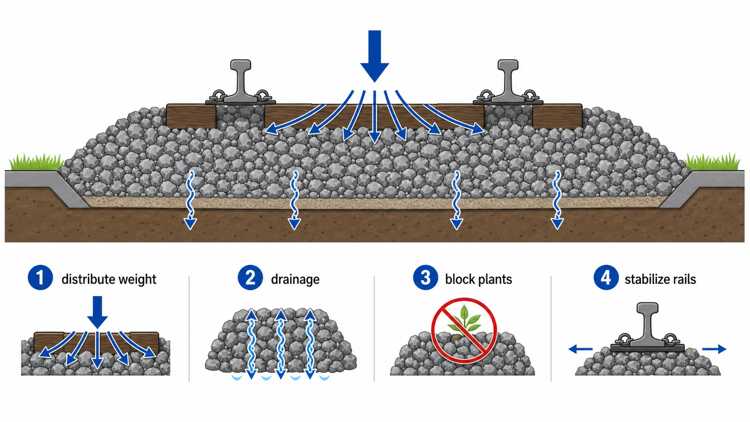 Cross-section diagram of railway track showing ballast, sleepers, rails, and load distribution