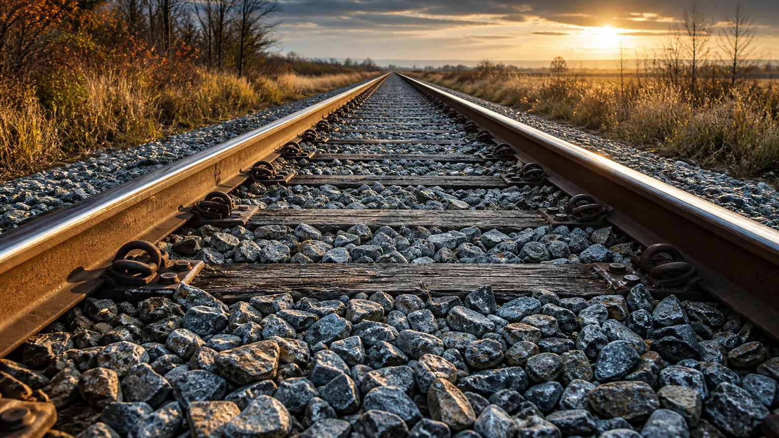 Railway track with angular ballast stones visible between and under the sleepers