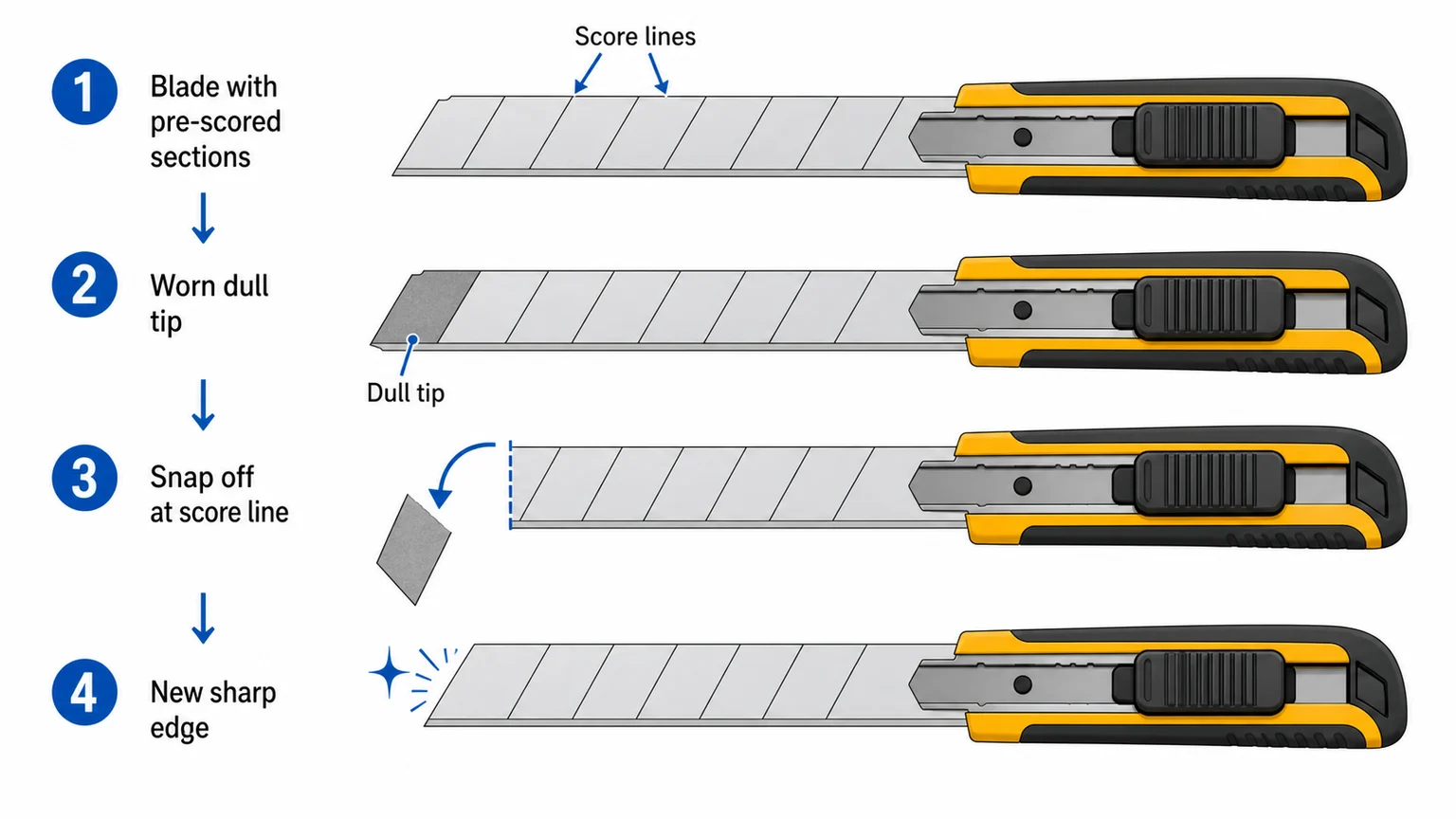 Diagram of snap-off blade showing score lines, dulled tip, and fresh segment