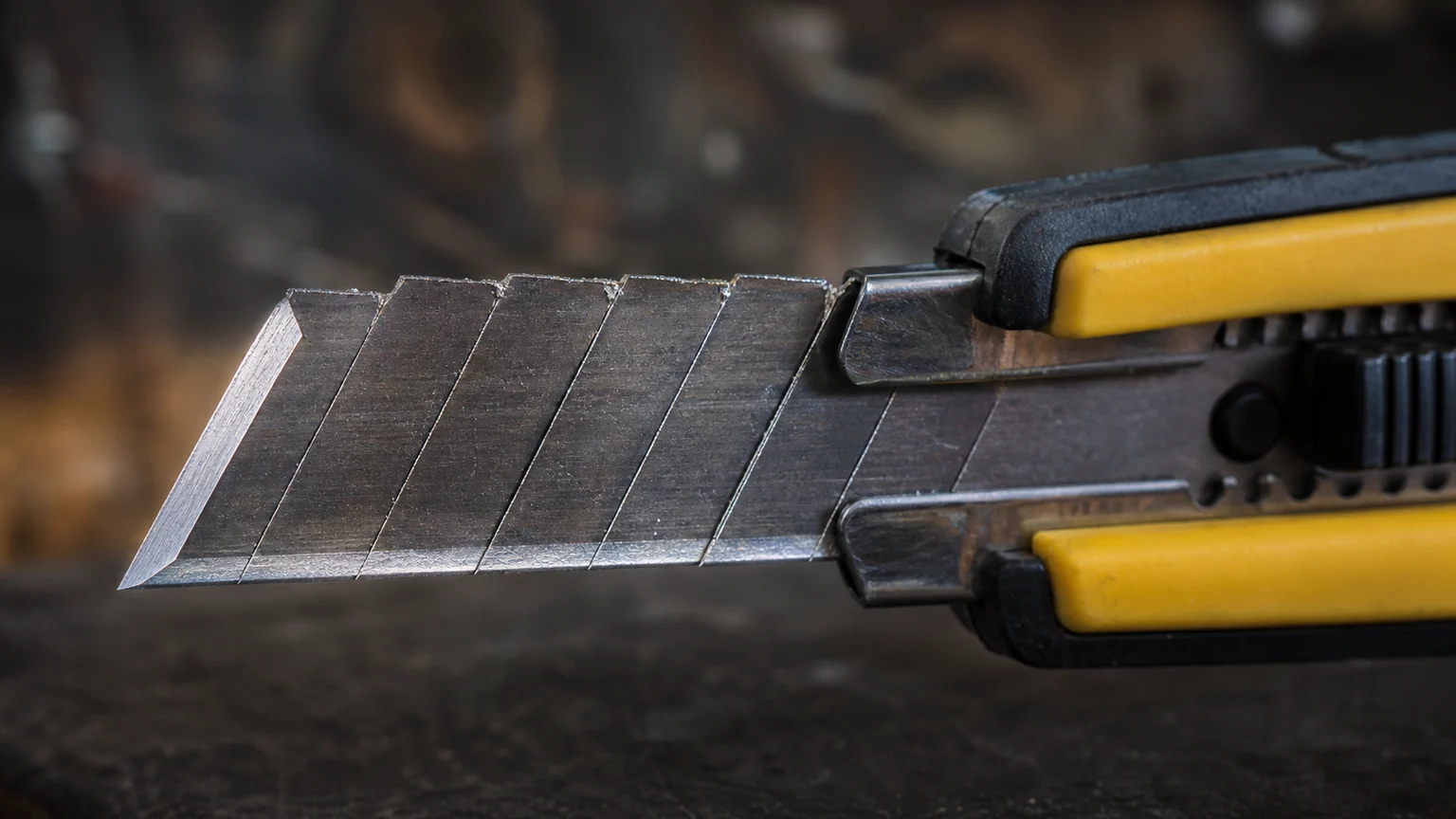 Utility knife with snap-off blade extended showing score lines between segments