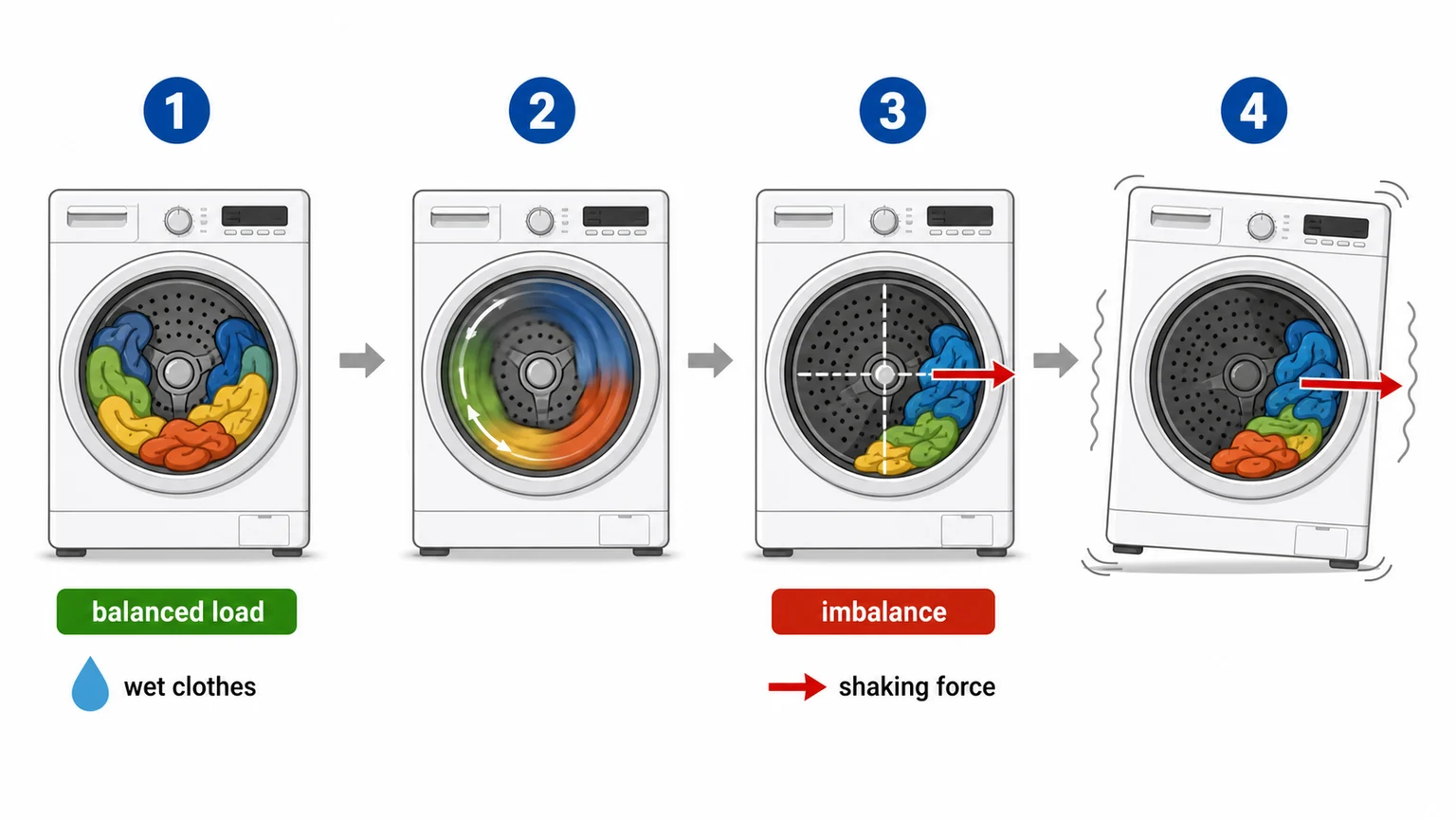 Diagram of washing machine drum showing unbalanced load, counterweights, and suspension springs